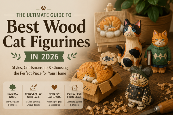 Hand-carved wooden cat figurines in several styles displayed on a warm workshop table