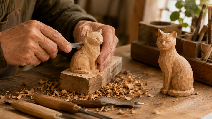 Cat wood carving in an artisan workshop, with a wooden cat being shaped beside a finished hand-carved figurine