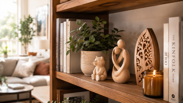 how to choose the best wooden figurines for your home decor display on bookshelf
