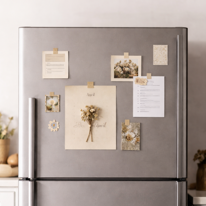 Decorated refrigerator door with magnets photos and calendar in a neutral kitchen