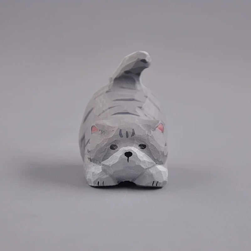 Hand carved grey tabby cat figurine front view