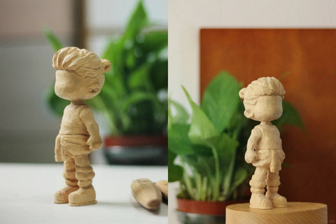 Two angled views of the unpainted spiky-haired figure, with the right view on a round display stand.