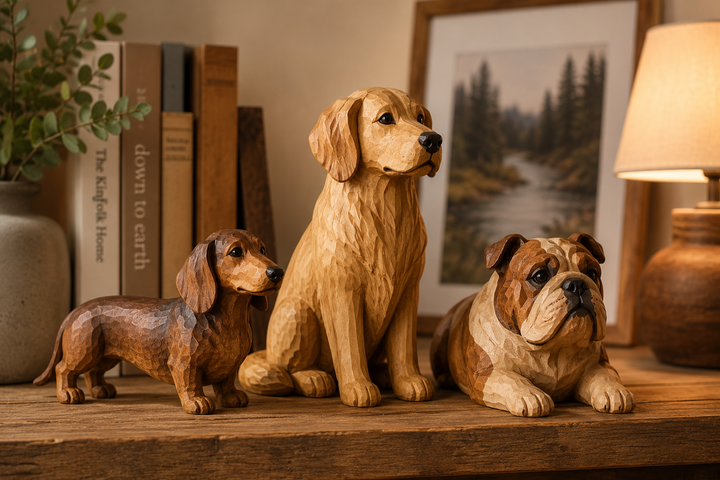 Hand-carved wooden dog statues displayed in a warm modern home interior