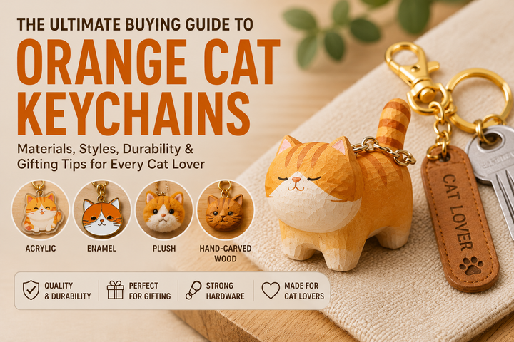 Hand-carved orange cat keychain displayed beside acrylic, enamel, and plush orange cat keychain examples