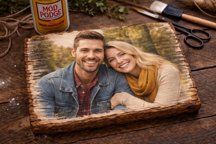 Photo transferred onto a rustic wood block using Mod Podge