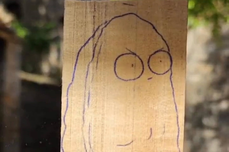 Wall-Nut’s front outline and eyes drawn on basswood