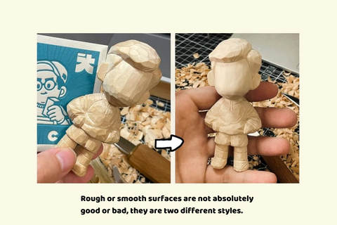 Small wooden figure shown with pronounced cut facets and a smoother surface