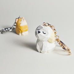 Adorable White Dog Keychain Hand-Carved Wooden