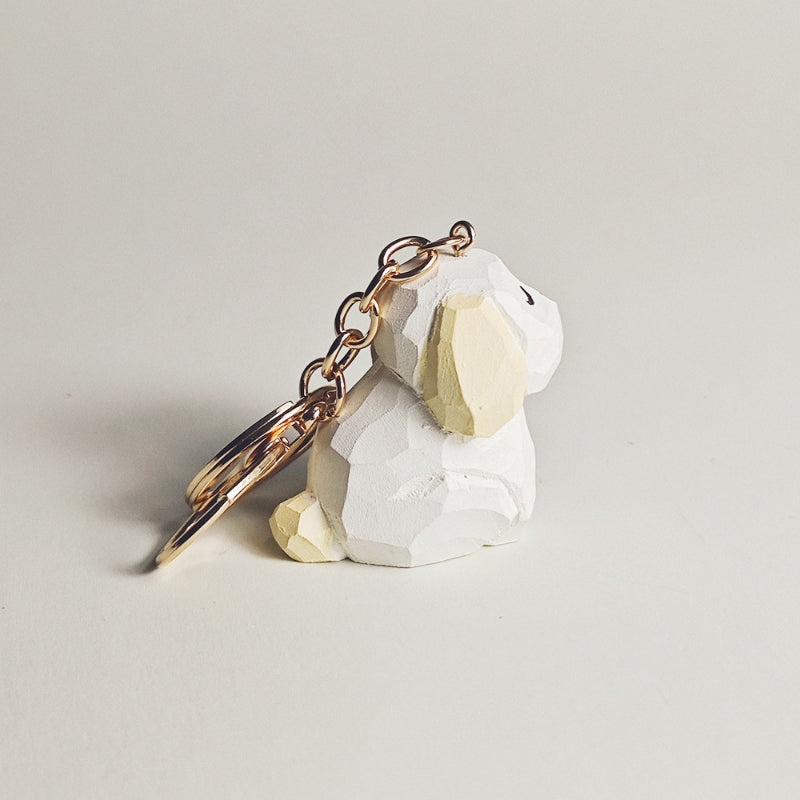 Adorable White Dog Keychain Hand-Carved Wooden