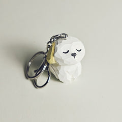 Adorable White Dog Keychain Hand-Carved Wooden