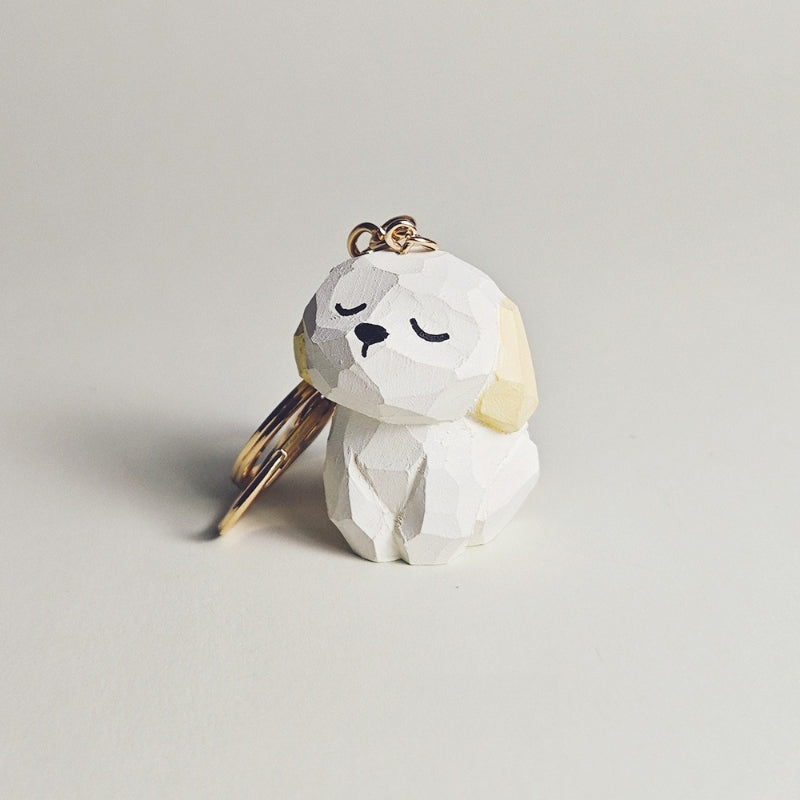 Adorable White Dog Keychain Hand-Carved Wooden