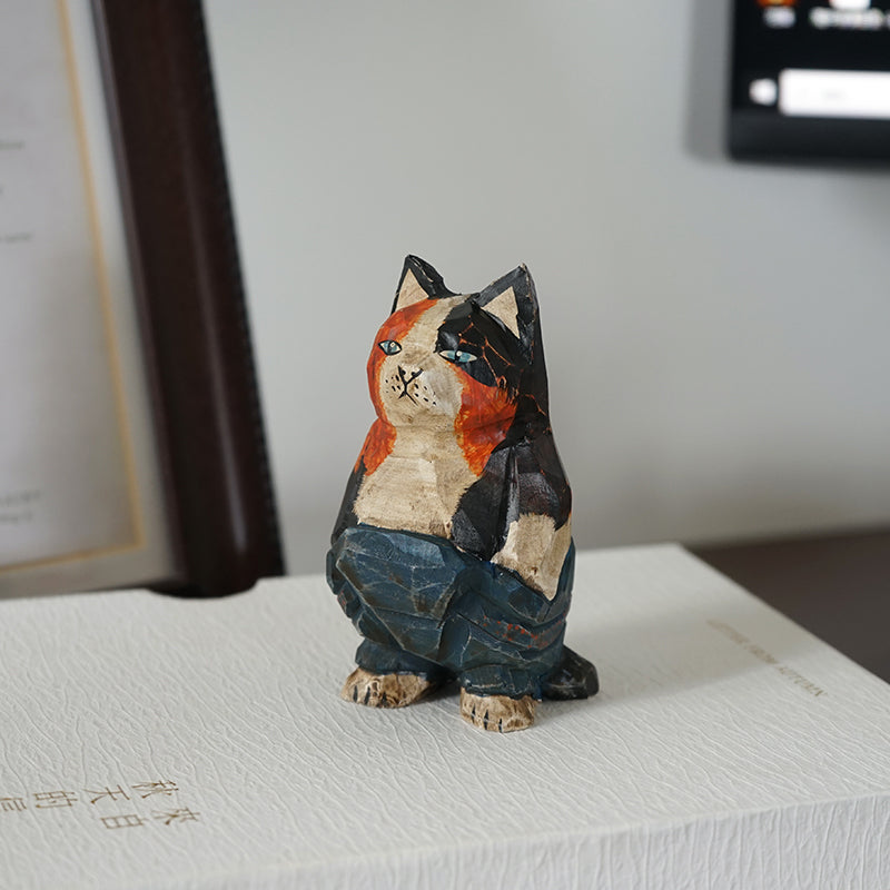 Vintage wooden cat figurine with backpack pants, hand-carved sculpture