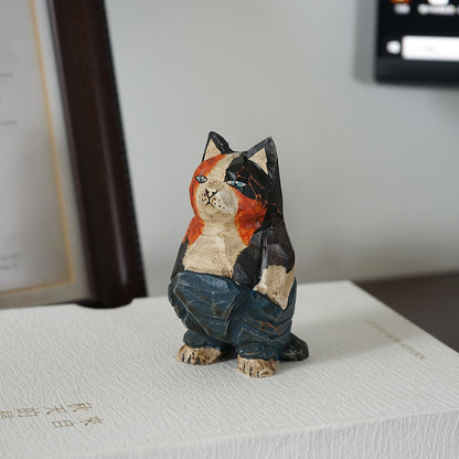 Vintage wooden cat figurine with backpack pants, hand-carved sculpture