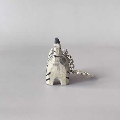 Back view of black stripe gray cat keychain with detailed stripes.