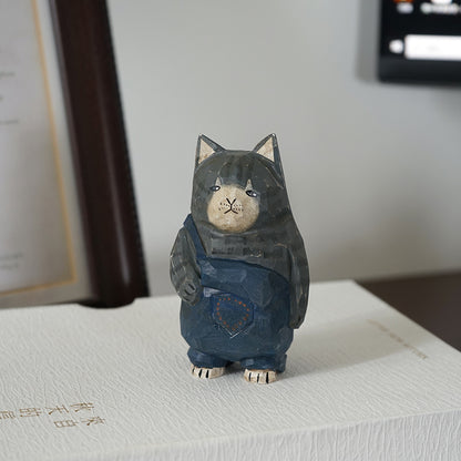 Blue Pants Cat vintage cat figurine, hand-carved wooden sculpture
