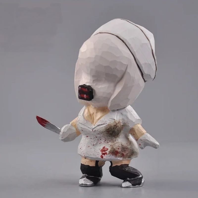 Three-quarter view of the wooden nurse figurine with a rounded head and short knife