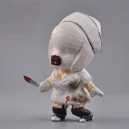 Three-quarter view of the wooden nurse figurine with a rounded head and short knife