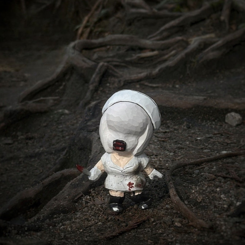 Wooden nurse figurine standing among tree roots in a dark woodland setting