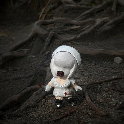Wooden nurse figurine standing among tree roots in a dark woodland setting