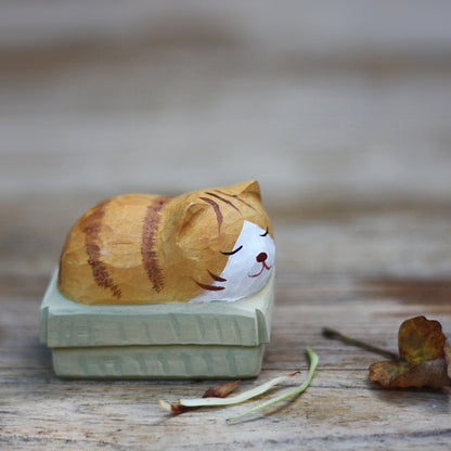 Cardboard Sleeping Cat sculpture, wood carved and hand-painted