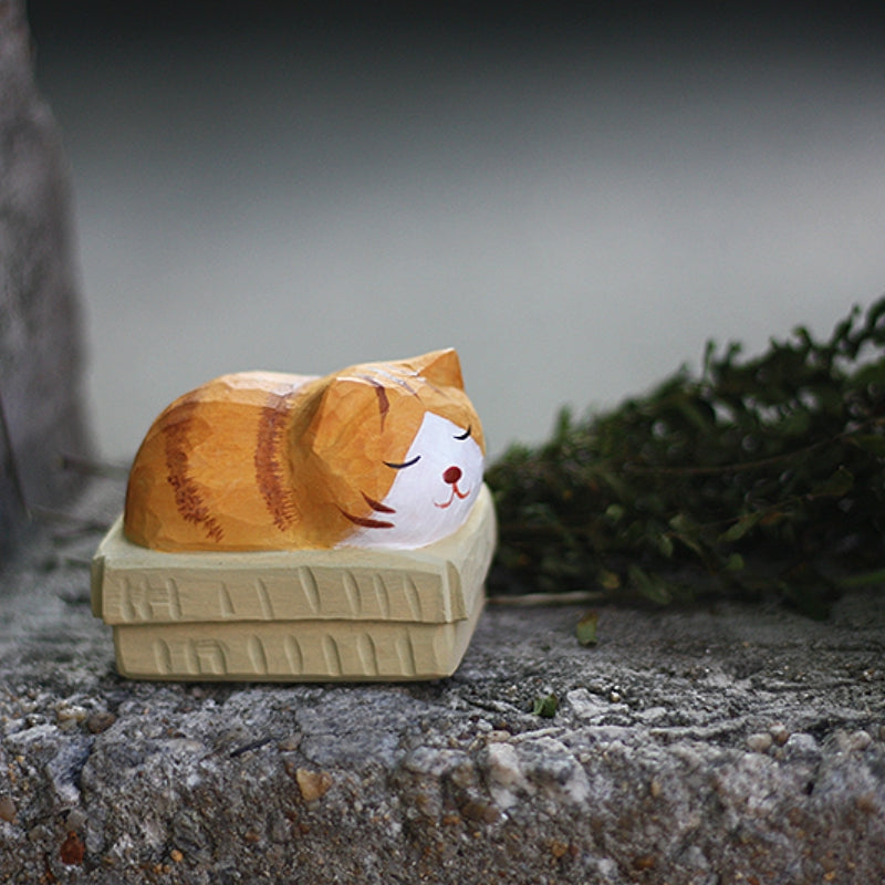 Cardboard Sleeping Cat wood figure, hand-painted wooden carving