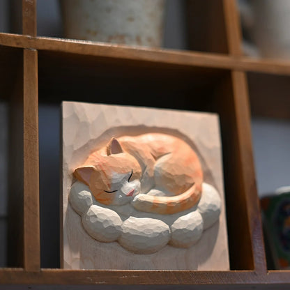 Cat home decor wood carving on shelf