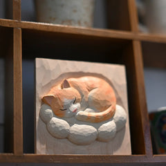 Cat home decor wood carving on shelf