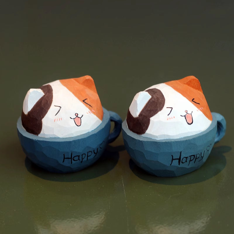 Calico cat cup, wooden sculpture hand-painted.