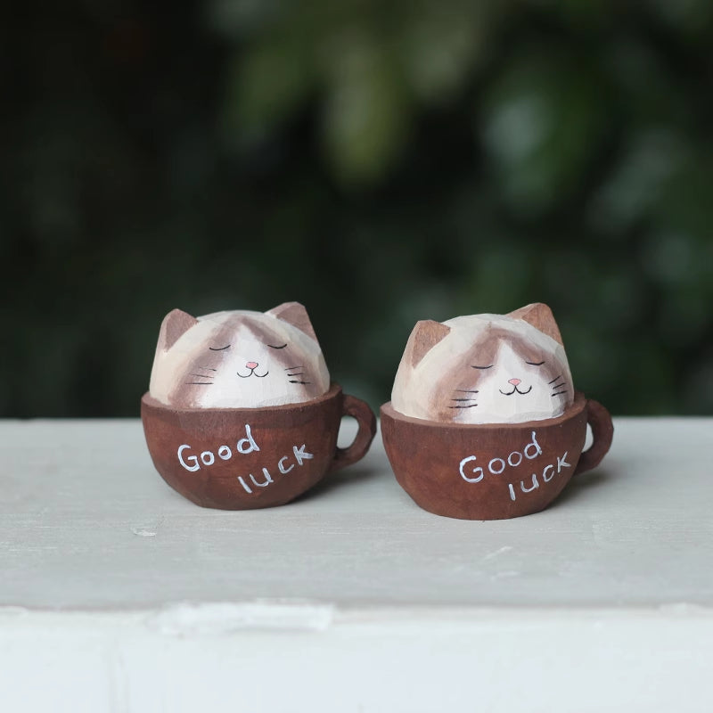 Ragdoll cat cup, hand-carved wooden figure.