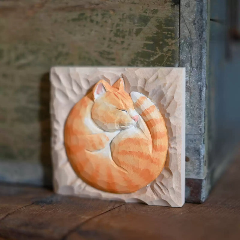 Curled sleeping cat wood relief side display