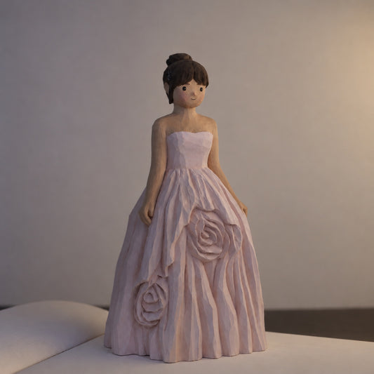 Hand-carved wooden bride figurine in a pale pink floral wedding dress, standing on a book, front view.