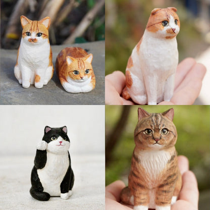 A collage of various custom cat figurines, each hand-carved to represent different breeds and poses, including sitting and waving cats.