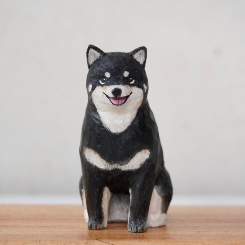 Black Shiba Inu custom dog figurine with cheerful expression, sculpted and painted with lifelike detail.