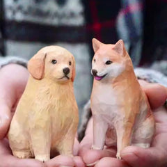 Personalized wooden custom dog figurines of a retriever and Shiba Inu, hand-painted and full of life.