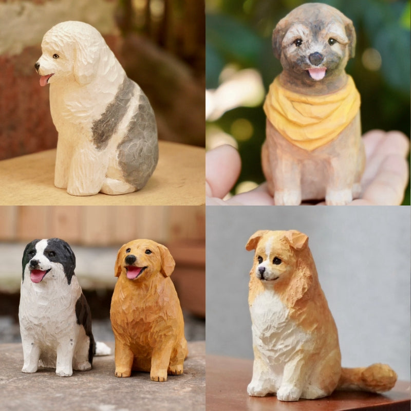 Collection of custom dog figurines featuring various breeds, all hand-carved from wood with unique expressions.