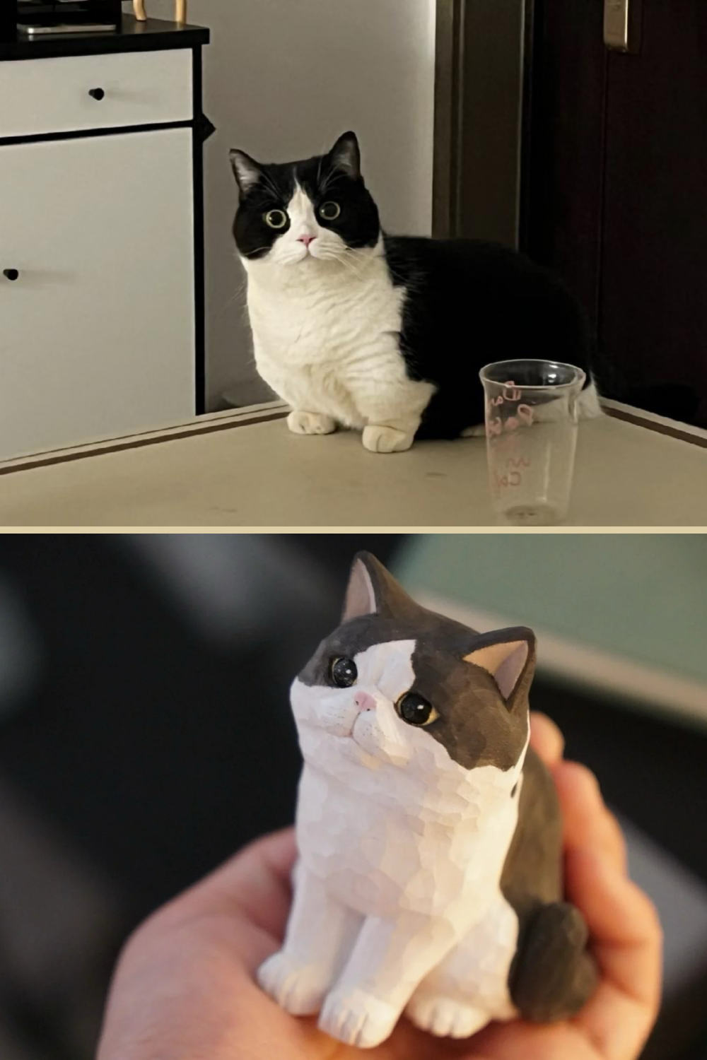A British Shorthair reference photo above the matching hand-carved wooden cat figurine.