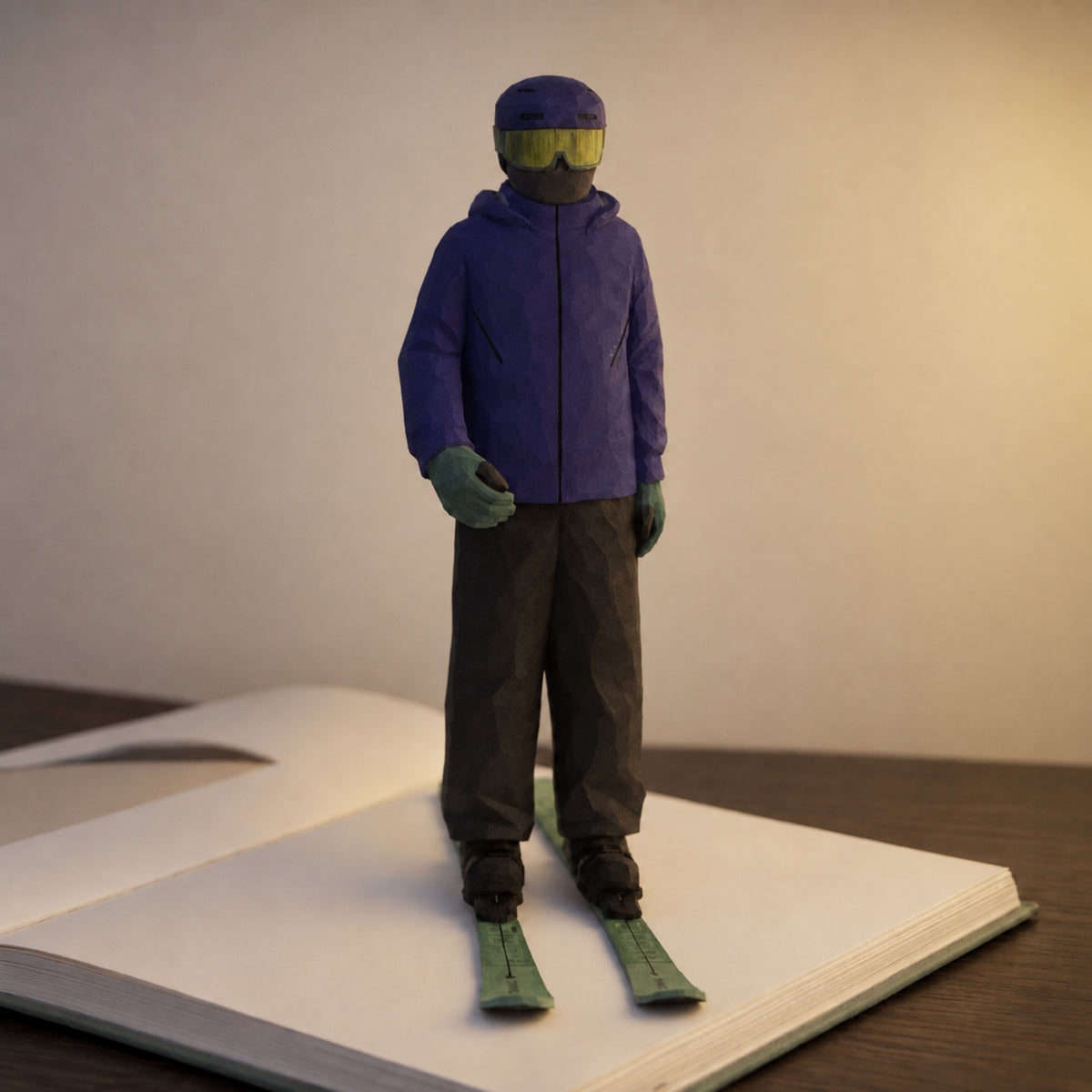 Custom ski figurine in a purple jacket and yellow goggles, standing on green skis