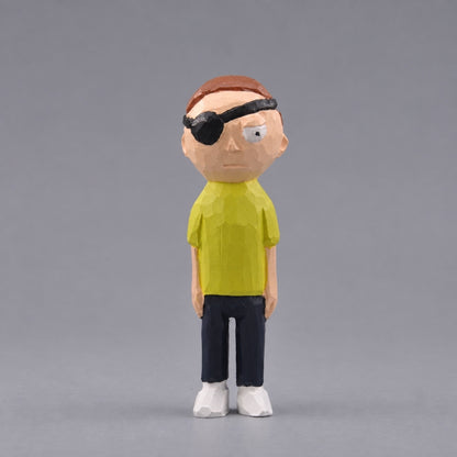 Hand-carved wooden Evil Morty figure with a black eyepatch, yellow shirt, dark pants, and white shoes