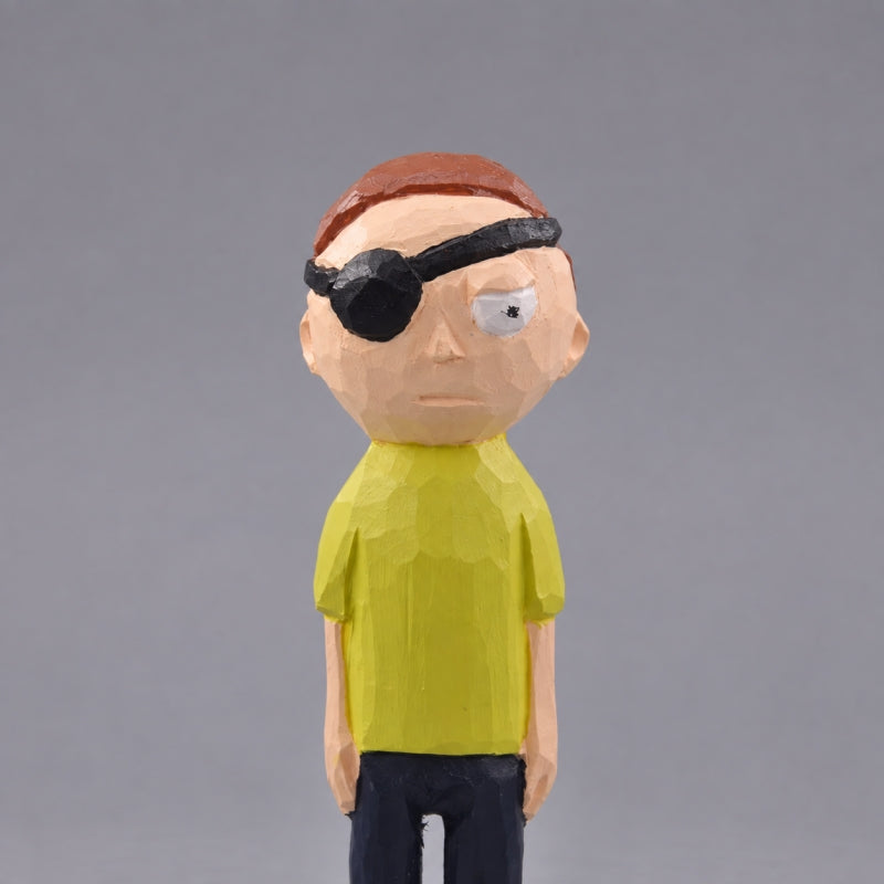 Evil Morty figurine close-up showing the black eyepatch, deadpan expression, and hand-carved face