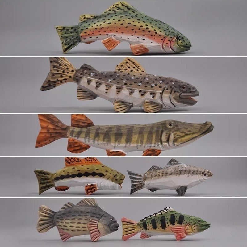7-piece wooden fish figurines set displayed together