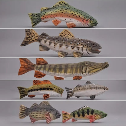7-piece wooden fish figurines set displayed together