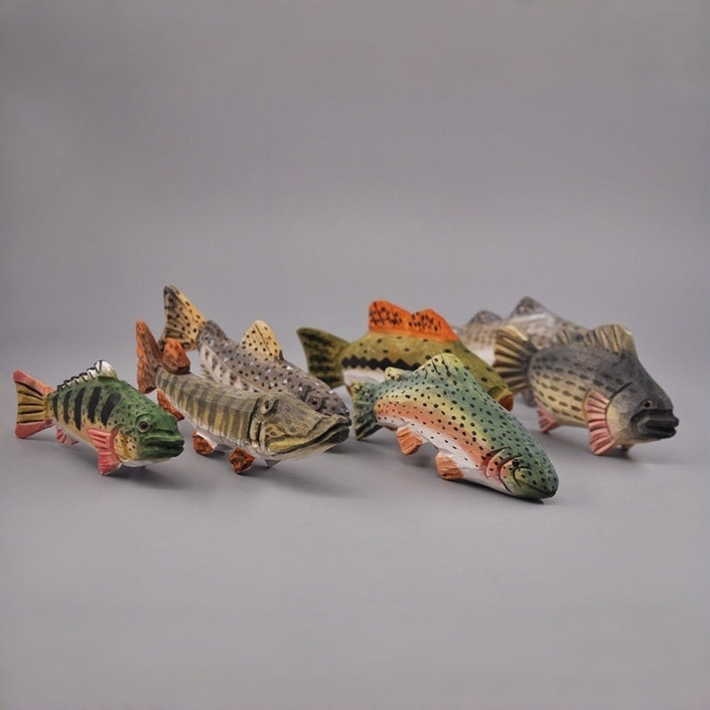 Wooden fish figurines showing different carved designs