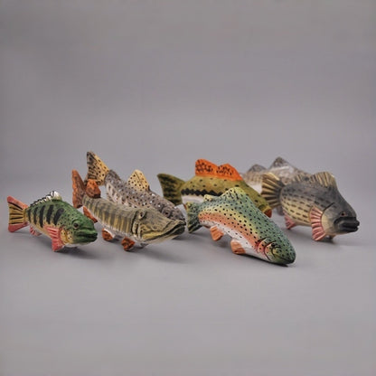 Wooden fish figurines showing different carved designs