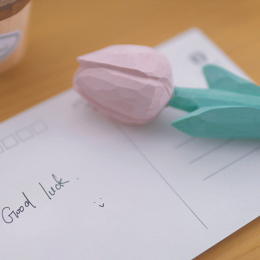 Close-up of a pale pink carved tulip bloom and green leaves resting on a handwritten postcard.