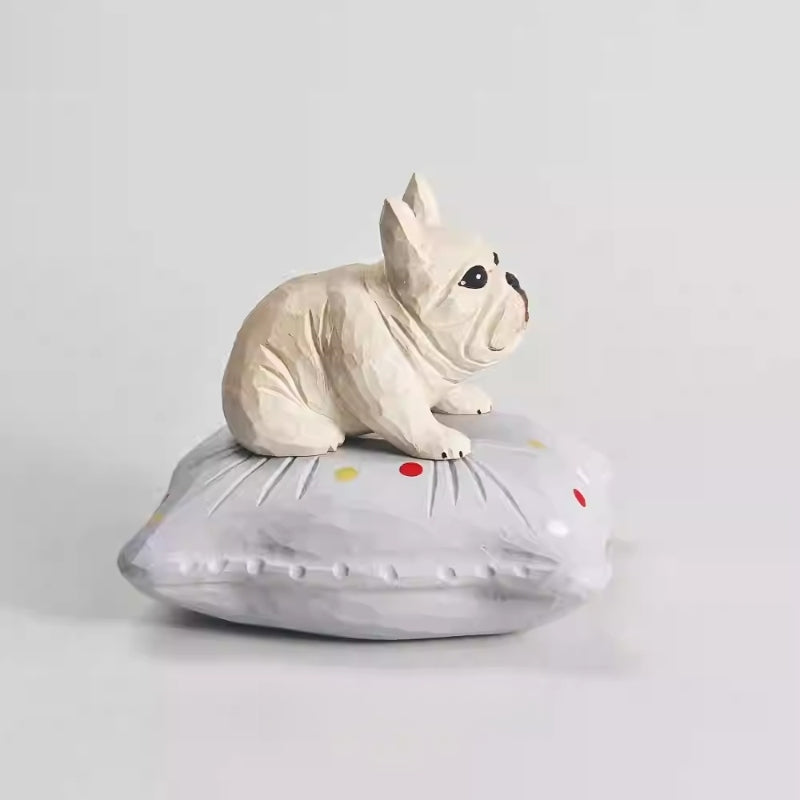 French bulldog wood carving shown in side view on the cushion base
