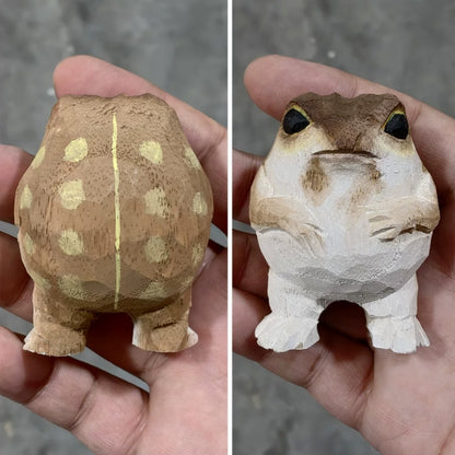 Frog figurine front and back views in hand