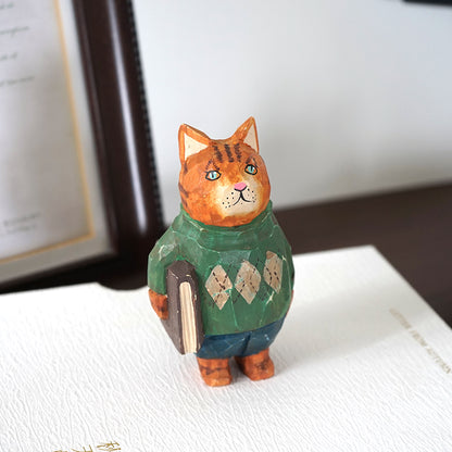 Dr. Cat In Green Sweater vintage cat figurine, hand-carved wooden sculpture