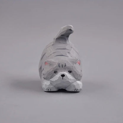 Hand carved grey tabby cat figurine front view