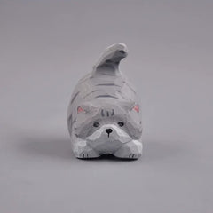 Hand carved grey tabby cat figurine front view