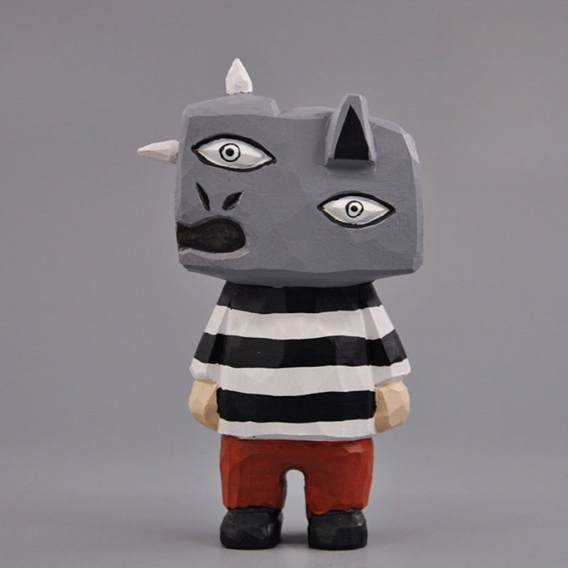 Front view of full-body Guernica-inspired wooden figure standing upright.